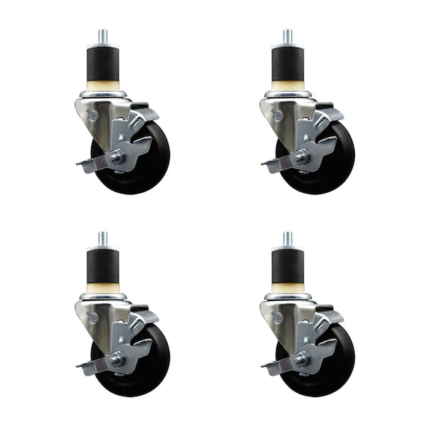 3.5'' SS Soft Rubber Swivel 1-7/8'' Expanding Stem Caster Set with Brake, 4PK